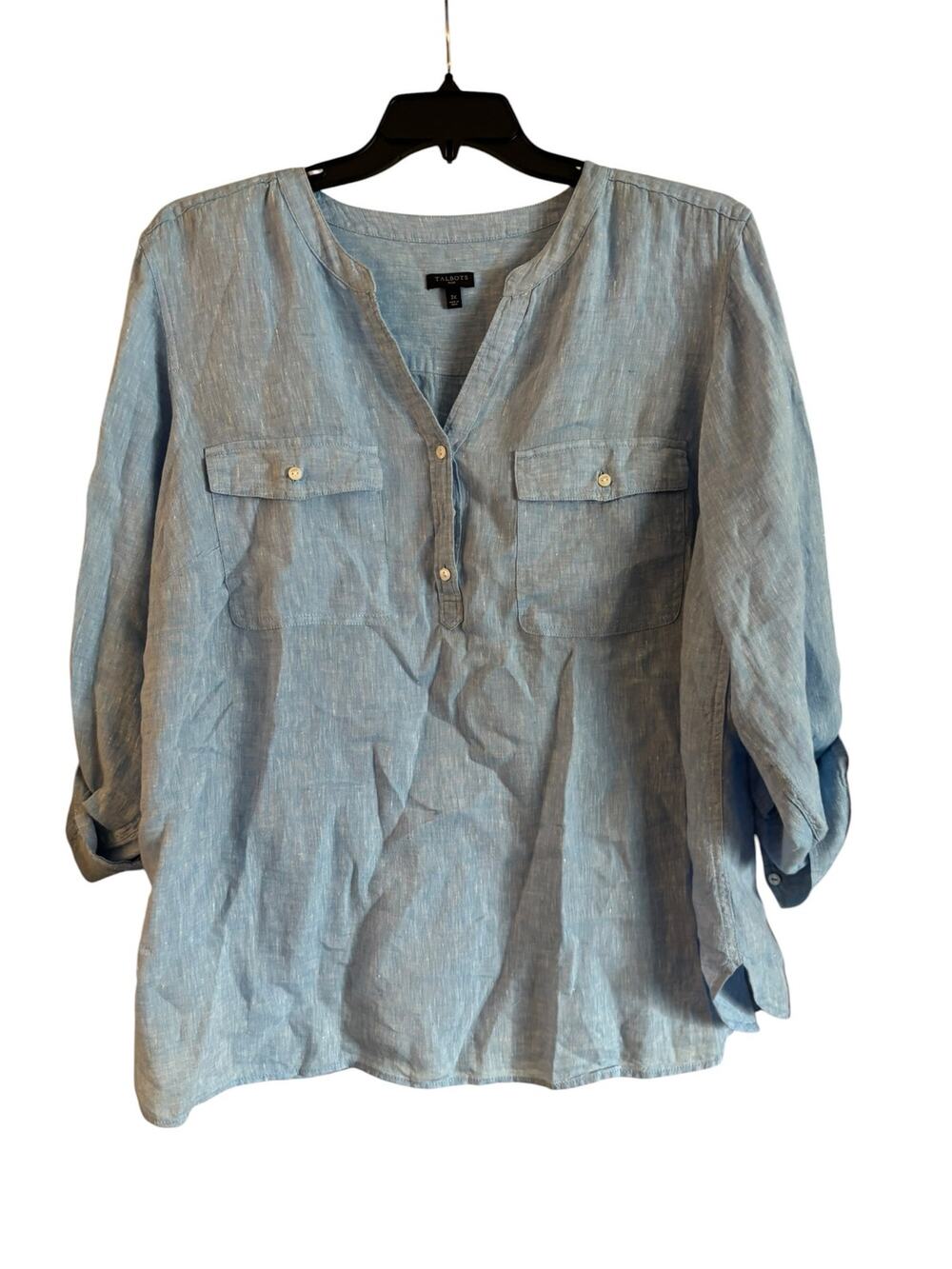 Talbots 100% Linen Camp Long Shirt Blue Long Sleeve Size 3X V Neck Pocket